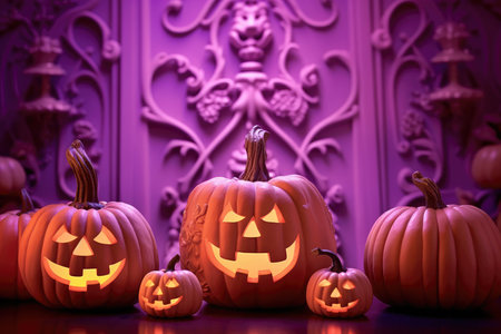 A close - up photograph of a Halloween celebration with a pastel purple studio backdrop. Halloween pumpkins. Generative AIの素材
