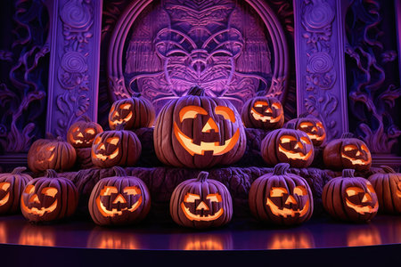 A close - up photograph of a Halloween celebration with a pastel purple studio backdrop. Halloween pumpkins. Generative AIの素材