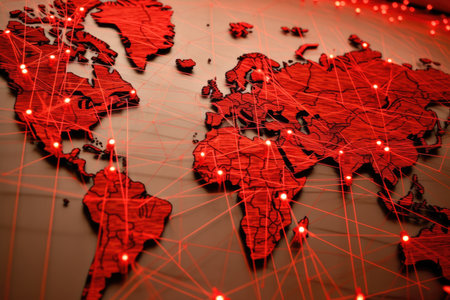 A close - up photo symbolizing the global financial crisis. The image focuses on a world map with red lines marking the countries affected by financial crisis. Generative AIの素材