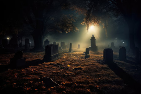 A close - up photograph depicting a spooky Halloween scene in a dark, moonlit graveyard. Generative AIの素材