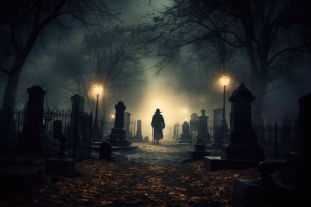 A close - up photograph depicting a spooky Halloween scene in a dark, moonlit graveyard. Generative AIの素材