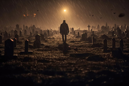 A close - up photograph depicting a spooky Halloween scene in a dark, moonlit graveyard. Generative AIの素材