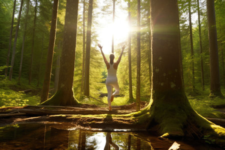 In a tranquil forest clearing, a yoga practitioner strikes a pose. Generative AIの素材