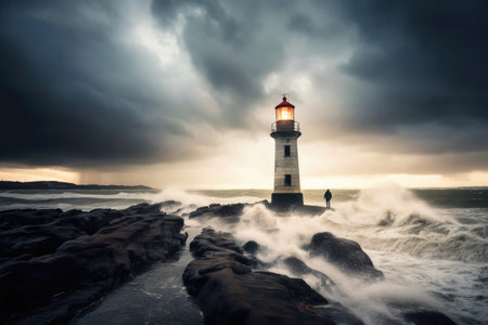 A solitary lighthouse stands against the backdrop of a stormy sea. Generative AIの素材