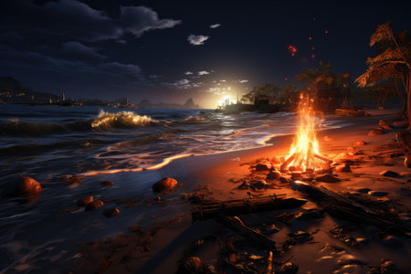 A roaring bonfire on a beach at night. Generative AIの素材