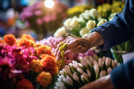 A flower vendor arranges a vibrant bouquet, surrounded by an array of colorful blooms. Generative AIの素材