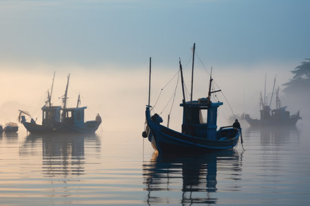 In the calm of early morning, a fleet of fishing boats prepares to set sail. Generative AIの素材