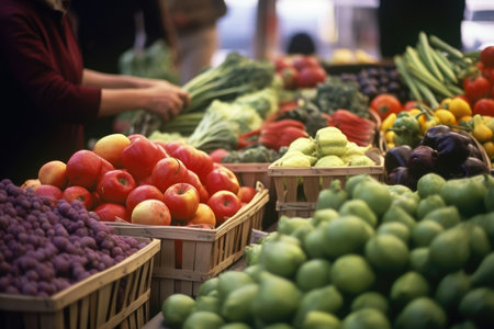 At a bustling farmer's market, vendors display a vibrant array of fresh produce. Generative AIの素材