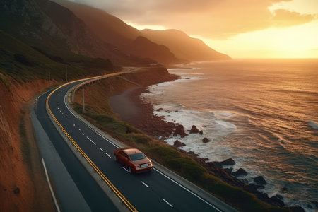 A classic car drives down a coastal highway at sunset. Generative AIの素材