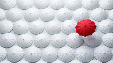 Minimalist shot, single red umbrella among white umbrellas in endless white space. surreal concept. Generative AIの素材