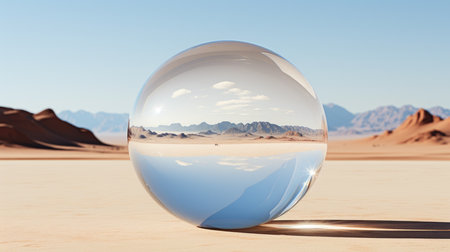 Floating sphere reflecting a desert within a desert. Generative AIの素材