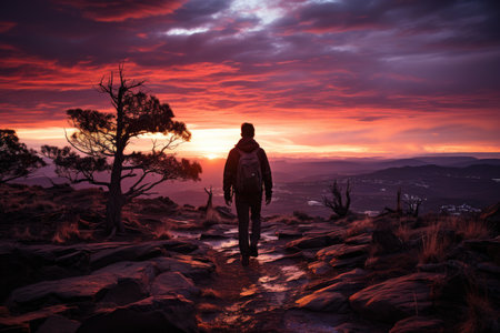 Silhouette shot of a person standing on a hilltop at sunset, the sky painted with hues of orange, red, and purple. Generative AIの素材