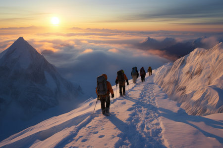 On a rugged mountain trail, a group of hikers ascends toward the snow - capped peak in the distance. Generative AIの素材