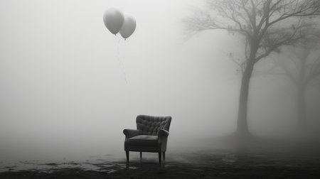Surreal shot, single chair floating in a foggy void. Generative AIの素材