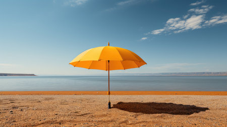 Minimalist shot, single yellow umbrella on a deserted beach. Generative AIの素材