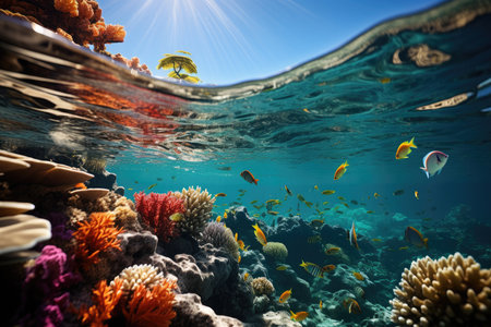 Underwater shot of a vibrant coral reef teeming with marine life. Generative AIの素材