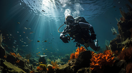 Underwater shot, scuba diver exploring coral reef, ocean. Generative AIの素材