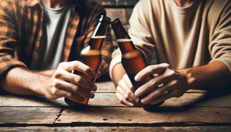 Close-up photo of two friends cheering with blank beer bottles.. Generative AIの素材