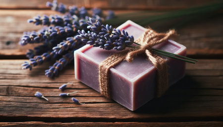 Close-up photo of fresh lavender branches and soap.. Generative AIの素材