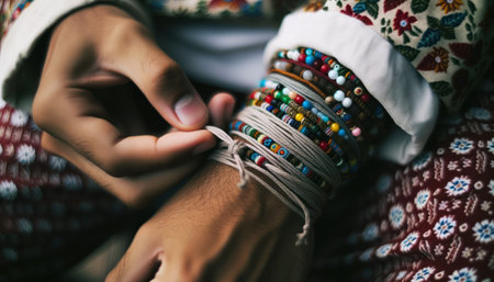 Wide shot focusing on the intricate details of a friendship bracelet being tied around a wrist.. Generative AIの素材