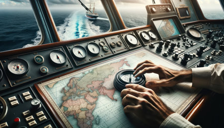 A detailed close-up of a ship captain's hand adjusting the navigation tools on a chart table.. Generative AIの素材
