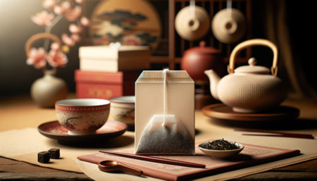 Close-up photo of blank delicate tea bags packaging prominently displayed in the foreground, adopting an oriental red and calm beige color palette.. Generative AIの素材