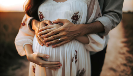 Close-up photo of an expecting couple, their hands gently cradling the woman's pregnant belly.. Generative AIの素材