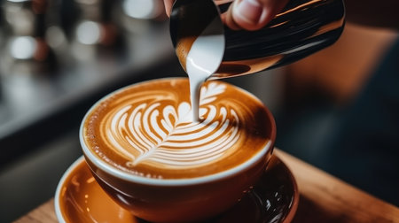 Barista pouring cream on coffee Generative aiの素材