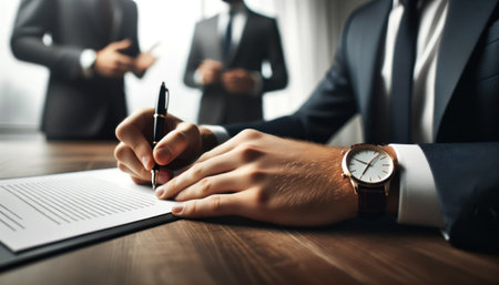 Wide close-up shot of a businessman's hand, adorned with a luxury watch, signing a pivotal contract on a mahogany desk. Generative AIの素材