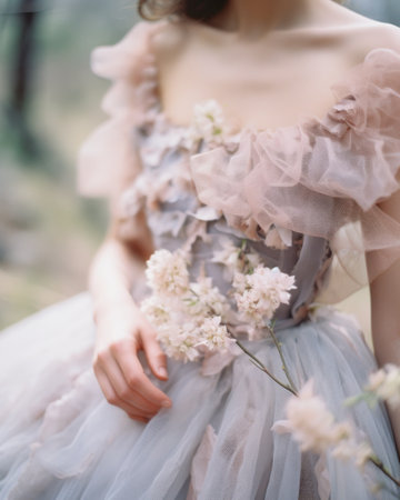 Bride holding bouquet of flowers on her wedding day.. Generative AIの素材