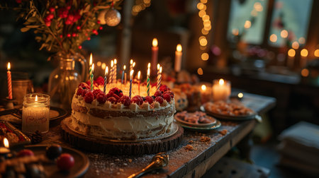 A birthday cake with burning candlesの素材