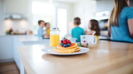 A family preparing breakfast in absolute, a photo focused on the table. Generative AI.の素材