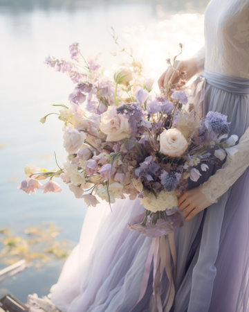 Bride holding bouquet of flowers on her wedding day.. Generative AIの素材
