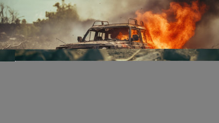 Vehicles burned as a result of a bomb being thrown in a war zone. Generative AIの素材