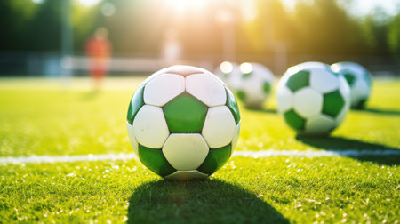 Soccer ball on green grass with sun shining in the background.. Generative AIの素材