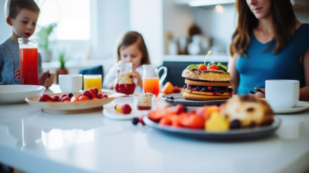 A family preparing breakfast in absolute, a photo focused on the table. Generative AI.の素材