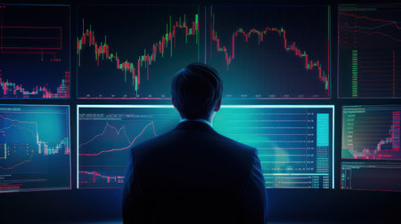 Financial analyst man follows stock prices on a big screen. Generative AIの素材