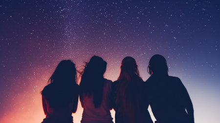 Back view photo of a group of girlfriends watching bright stars in the night sky. Generative AIの素材