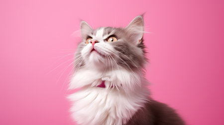 A cat in front of pink background. Generative AIの素材