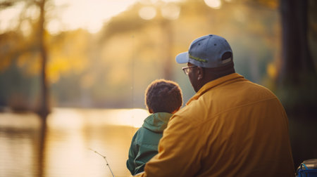 Father and son sitting against the lake view at sunset. Generative AI.の素材