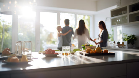 A family preparing breakfast in absolute, a photo focused on the table. Generative AI.の素材