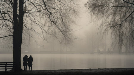 Two people in front of a foggy lake landscape. Generative AIの素材