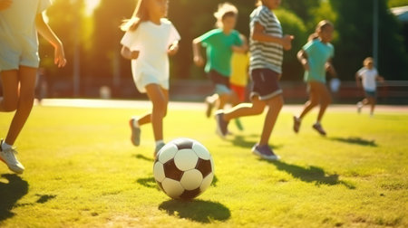 Children playing soccer on a sunny day.. Generative AIの素材