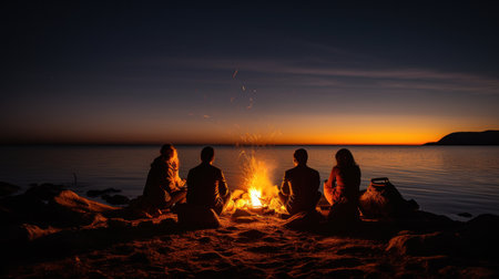 Group of friends standing by the campfire on the beach. Generative AIの素材