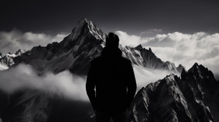 Mountaineer looking towards the top of a cloud-covered mountain. Generative AIの素材