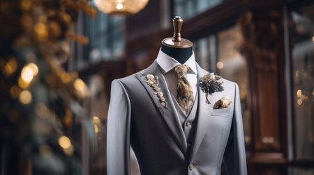Photo of a suit visible on the model in the store. Generative AIの素材