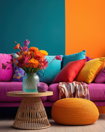 A vibrant couch adorned with cushions and a vase of fresh blooms adds a pop of color to the room.. Generative AIの素材