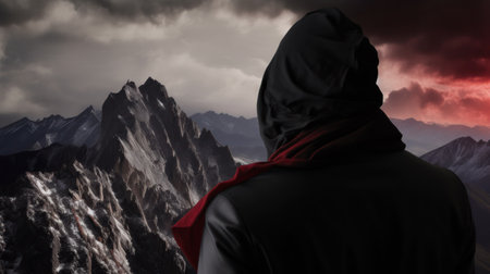 Mountaineer looking towards the top of a cloud-covered mountain. Generative AIの素材