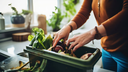 The woman who throws her organic waste, such as fruits and vegetables, in a separate bin. Generative AIの素材