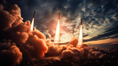 Terrifying ballistic missiles streaking across the sky.. Generative AIの素材